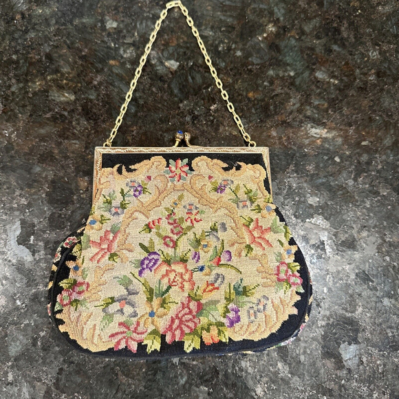Handmade Handbags - Vintage Petit Point Small Handbag Purse Black with Colorful Flowers 1950's